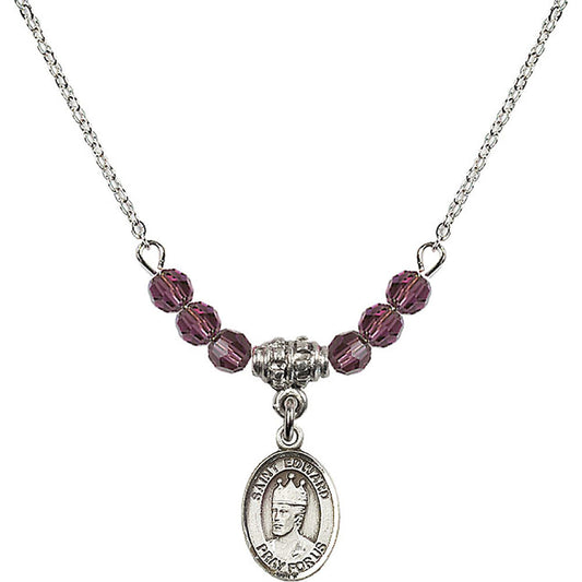 Sterling Silver Saint Edward the Confessor Birthstone Necklace with Amethyst Beads - 9026