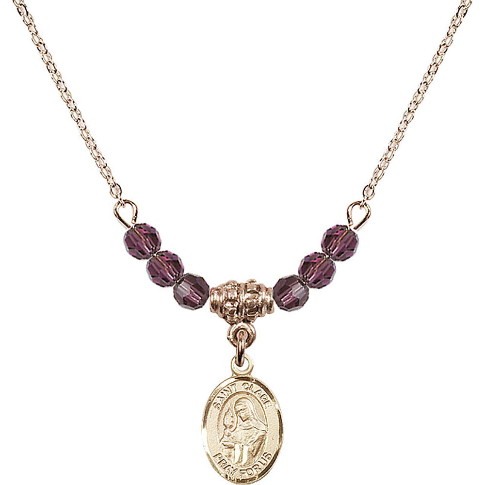 14kt Gold Filled Saint Clare of Assisi Birthstone Necklace with Amethyst Beads - 9028
