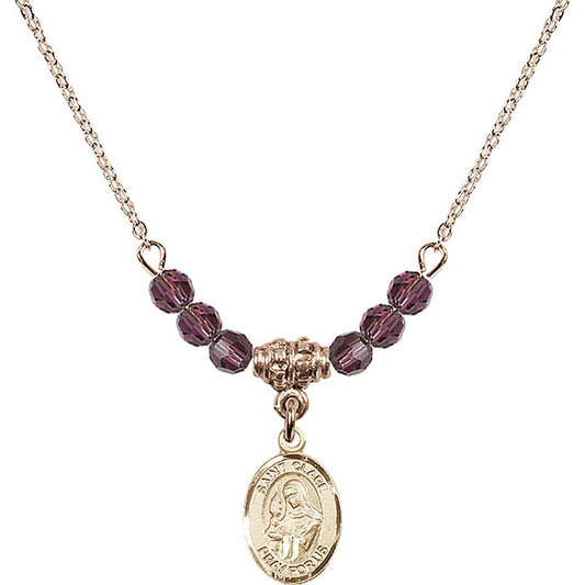 14kt Gold Filled Saint Clare of Assisi Birthstone Necklace with Amethyst Beads - 9028