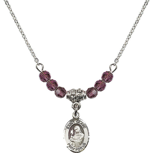 Sterling Silver Saint Clare of Assisi Birthstone Necklace with Amethyst Beads - 9028