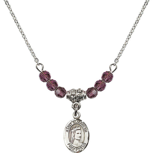 Sterling Silver Saint Elizabeth of Hungary Birthstone Necklace with Amethyst Beads - 9033