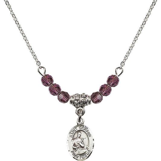 Sterling Silver Saint Gerard Majella Birthstone Necklace with Amethyst Beads - 9042
