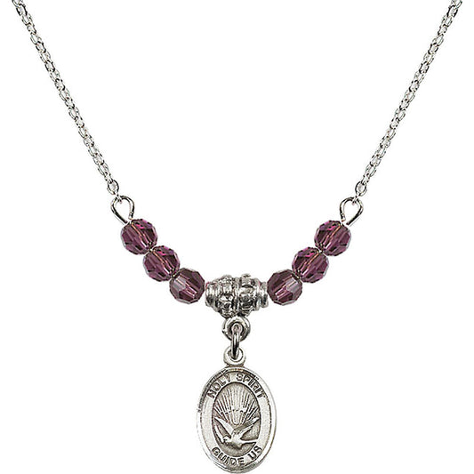 Sterling Silver Holy Spirit Birthstone Necklace with Amethyst Beads - 9044