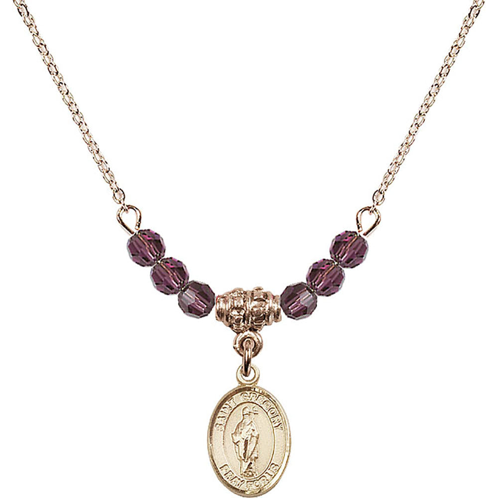 14kt Gold Filled Saint Gregory the Great Birthstone Necklace with Amethyst Beads - 9048