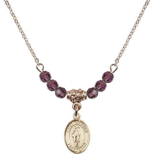 14kt Gold Filled Saint Gregory the Great Birthstone Necklace with Amethyst Beads - 9048