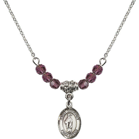 Sterling Silver Saint Gregory the Great Birthstone Necklace with Amethyst Beads - 9048