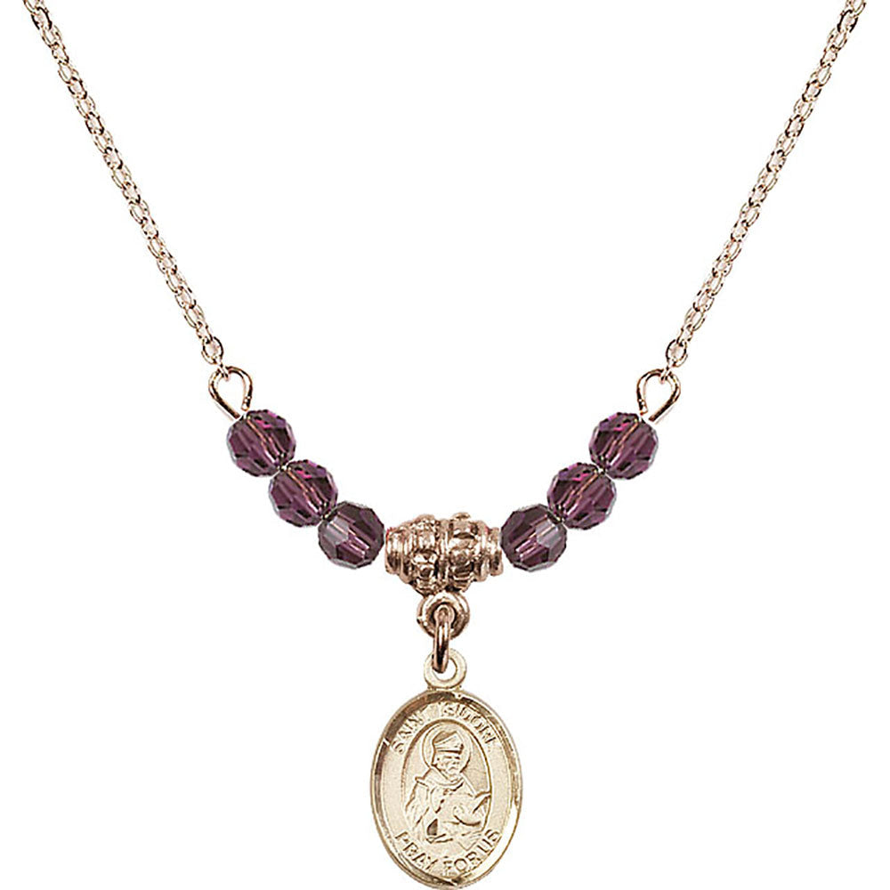 14kt Gold Filled Saint Isidore of Seville Birthstone Necklace with Amethyst Beads - 9049