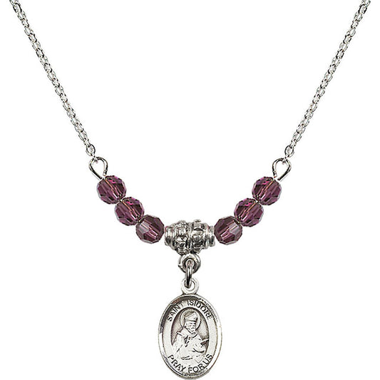 Sterling Silver Saint Isidore of Seville Birthstone Necklace with Amethyst Beads - 9049