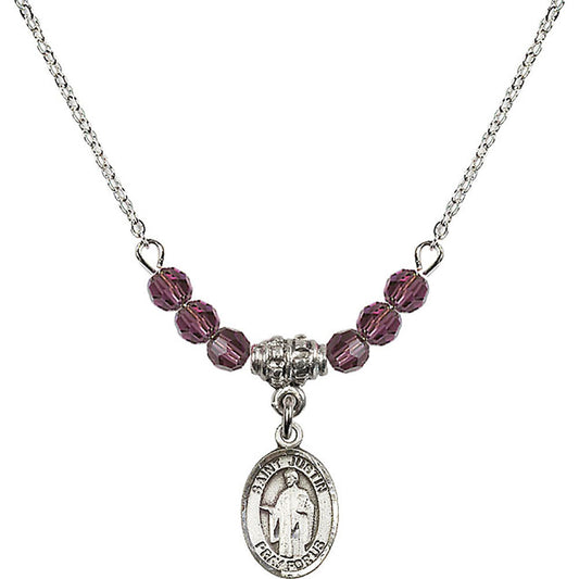 Sterling Silver Saint Justin Birthstone Necklace with Amethyst Beads - 9052
