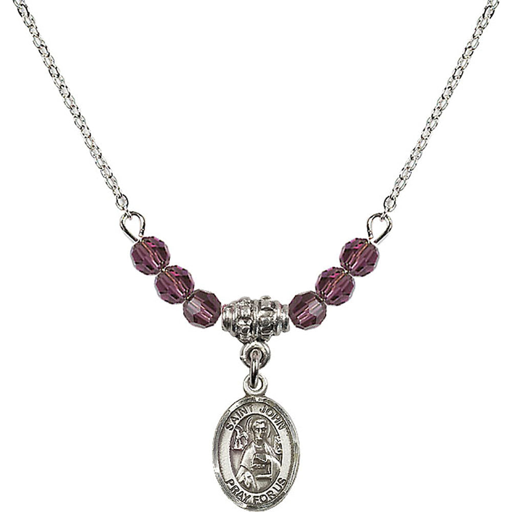 Sterling Silver Saint John the Apostle Birthstone Necklace with Amethyst Beads - 9056