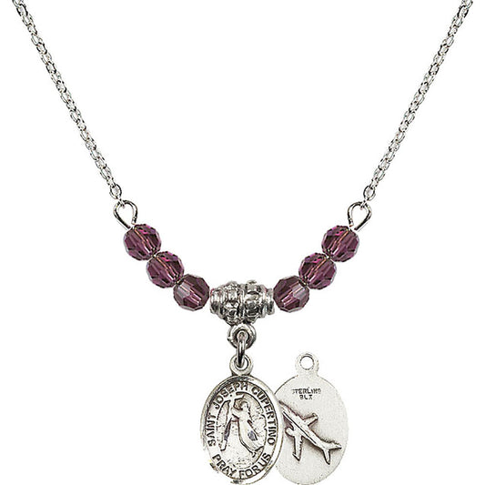 Sterling Silver Saint Joseph of Cupertino Birthstone Necklace with Amethyst Beads - 9057