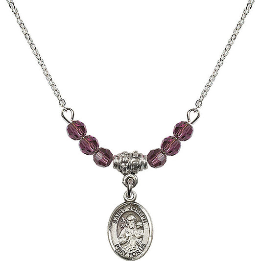 Sterling Silver Saint Joseph Birthstone Necklace with Amethyst Beads - 9058
