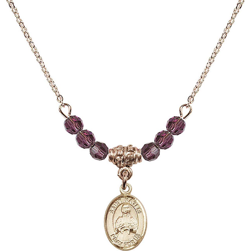 14kt Gold Filled Saint Kateri Tekakwitha Birthstone Necklace with Amethyst Beads - 9061