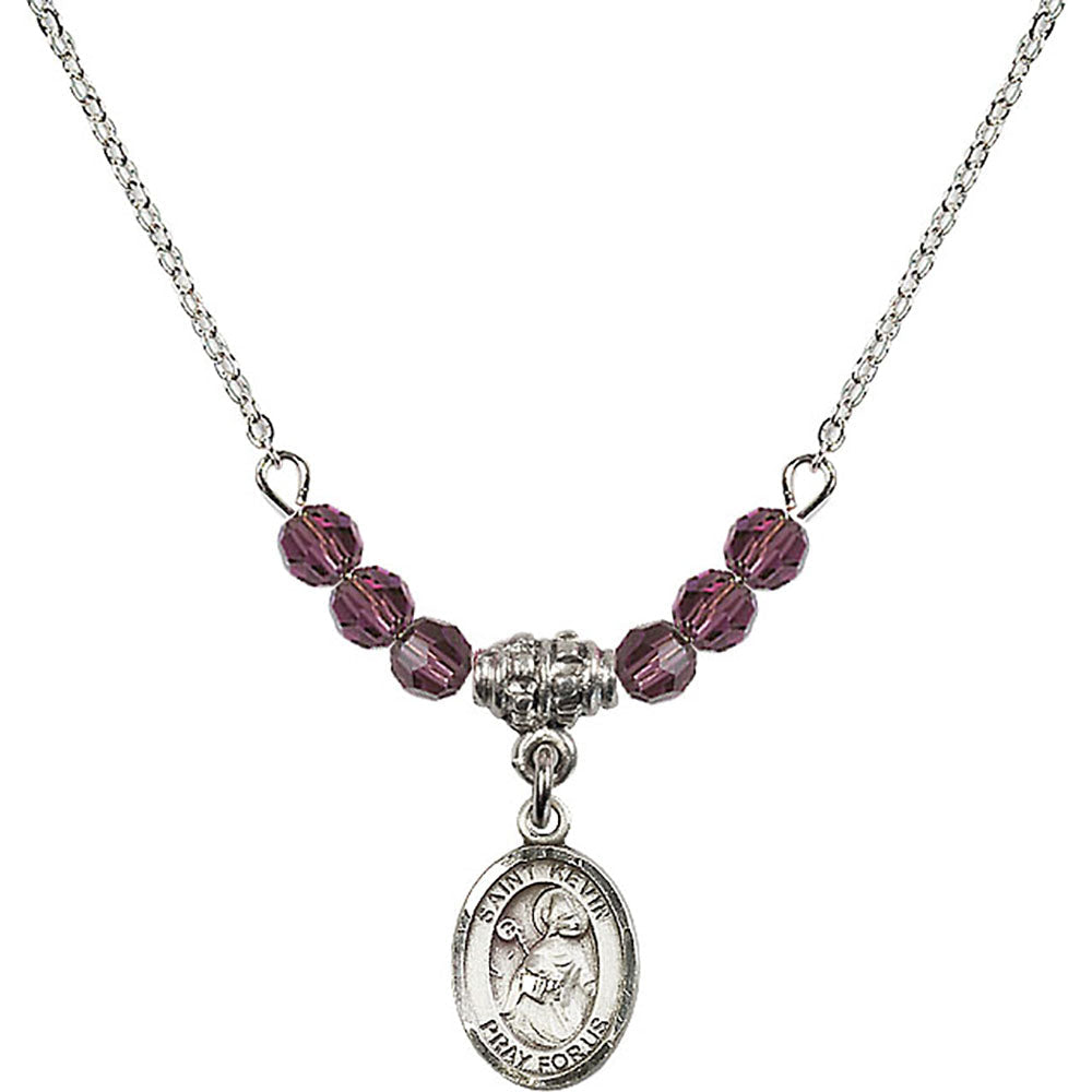 Sterling Silver Saint Kevin Birthstone Necklace with Amethyst Beads - 9062