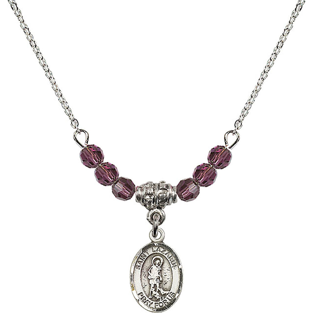 Sterling Silver Saint Lazarus Birthstone Necklace with Amethyst Beads - 9066