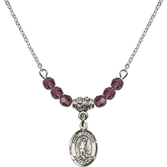 Sterling Silver Saint Lazarus Birthstone Necklace with Amethyst Beads - 9066