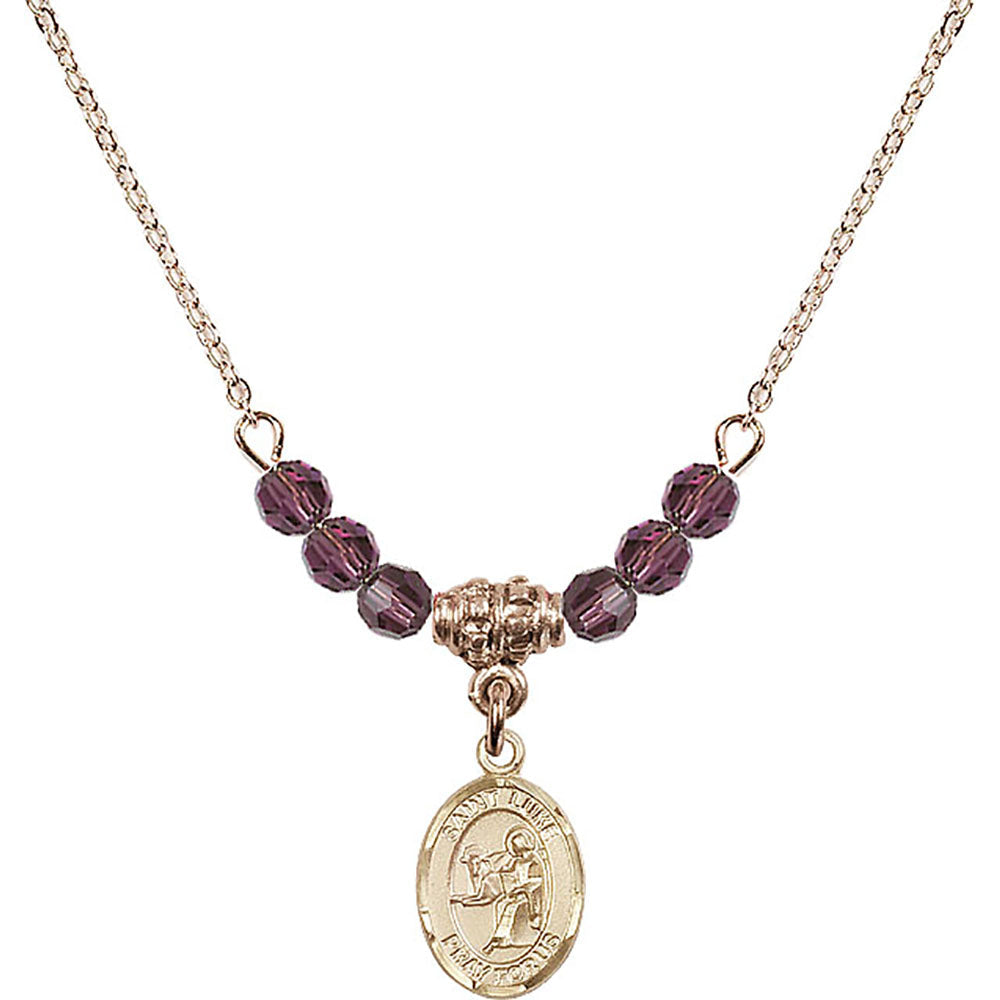 14kt Gold Filled Saint Luke the Apostle Birthstone Necklace with Amethyst Beads - 9068