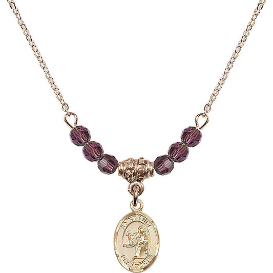 14kt Gold Filled Saint Luke the Apostle Birthstone Necklace with Amethyst Beads - 9068