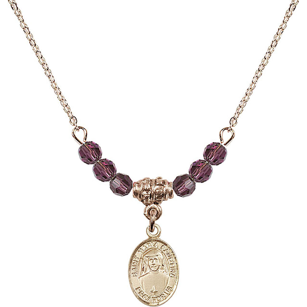 14kt Gold Filled Saint Maria Faustina Birthstone Necklace with Amethyst Beads - 9069