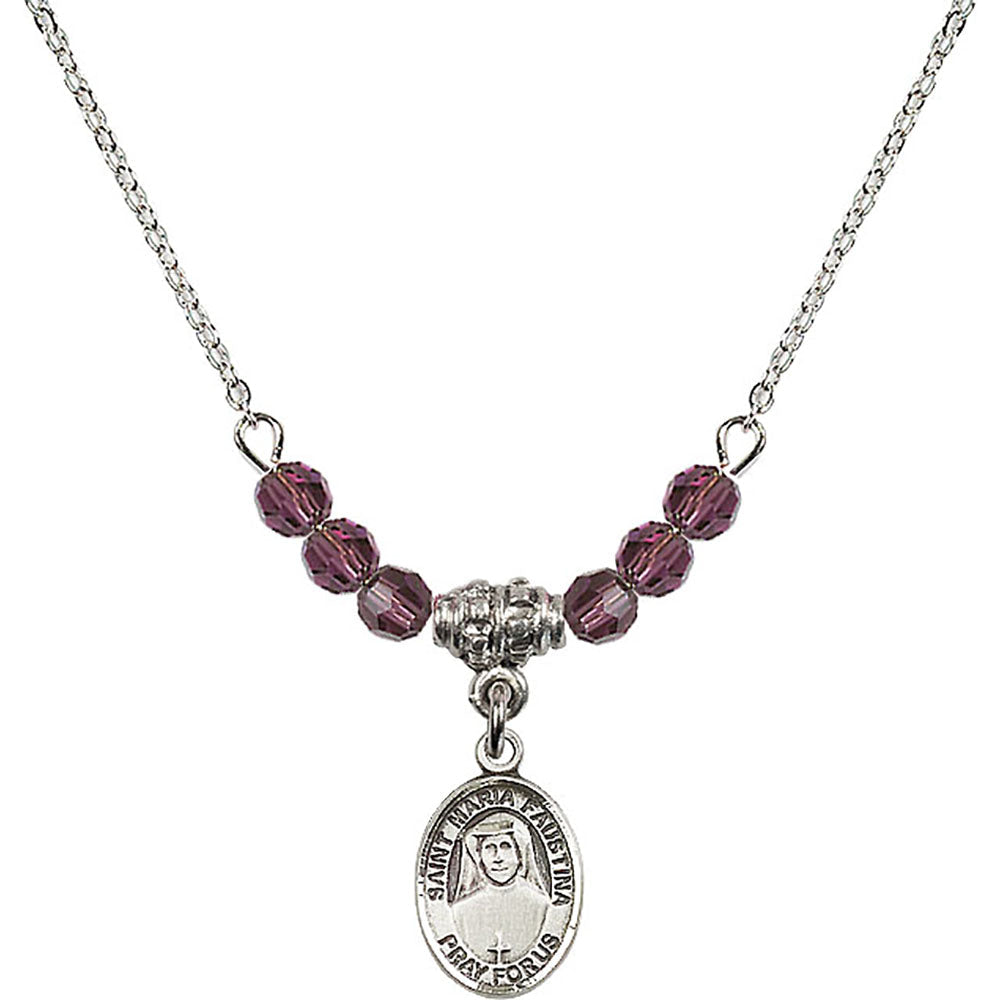 Sterling Silver Saint Maria Faustina Birthstone Necklace with Amethyst Beads - 9069