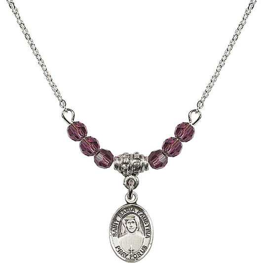 Sterling Silver Saint Maria Faustina Birthstone Necklace with Amethyst Beads - 9069