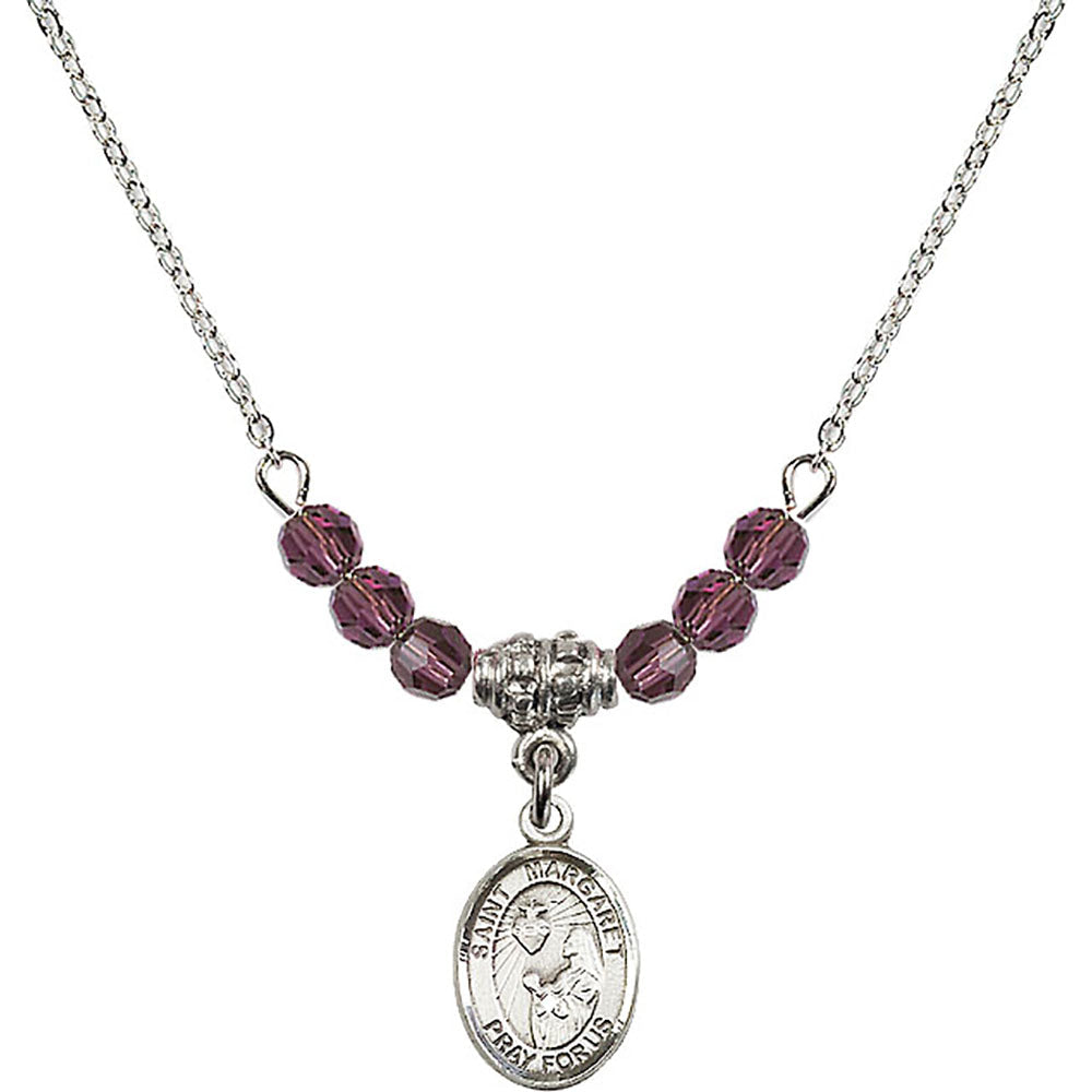 Sterling Silver Saint Margaret Mary Alacoque Birthstone Necklace with Amethyst Beads - 9072