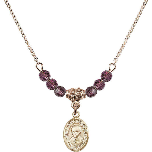 14kt Gold Filled Saint Maximilian Kolbe Birthstone Necklace with Amethyst Beads - 9073
