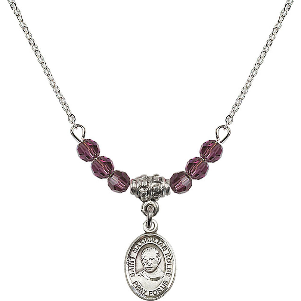Sterling Silver Saint Maximilian Kolbe Birthstone Necklace with Amethyst Beads - 9073