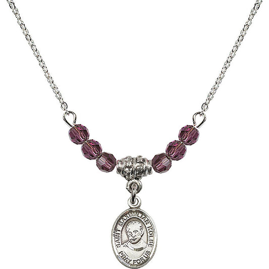 Sterling Silver Saint Maximilian Kolbe Birthstone Necklace with Amethyst Beads - 9073