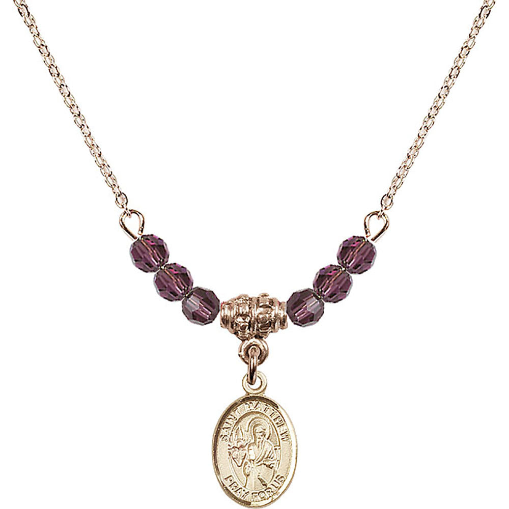 14kt Gold Filled Saint Matthew the Apostle Birthstone Necklace with Amethyst Beads - 9074