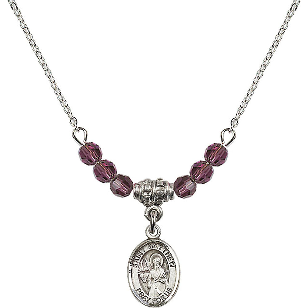 Sterling Silver Saint Matthew the Apostle Birthstone Necklace with Amethyst Beads - 9074