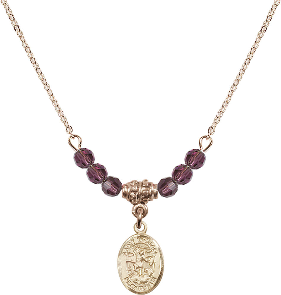 14kt Gold Filled Saint Michael the Archangel Birthstone Necklace with Amethyst Beads - 9076