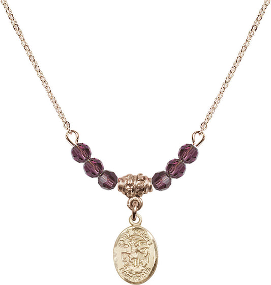 14kt Gold Filled Saint Michael the Archangel Birthstone Necklace with Amethyst Beads - 9076