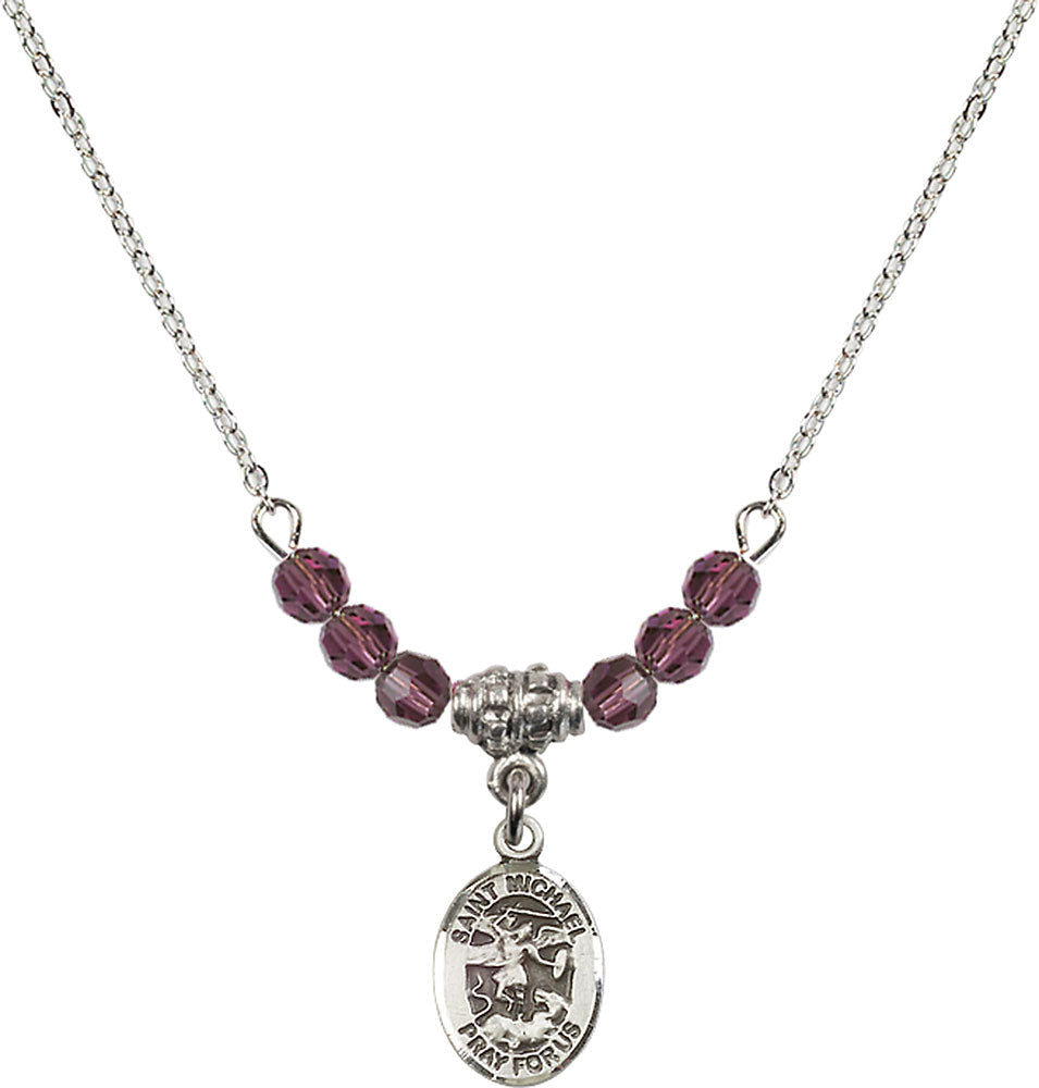 Sterling Silver Saint Michael the Archangel Birthstone Necklace with Amethyst Beads - 9076