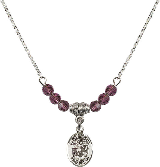 Sterling Silver Saint Michael the Archangel Birthstone Necklace with Amethyst Beads - 9076