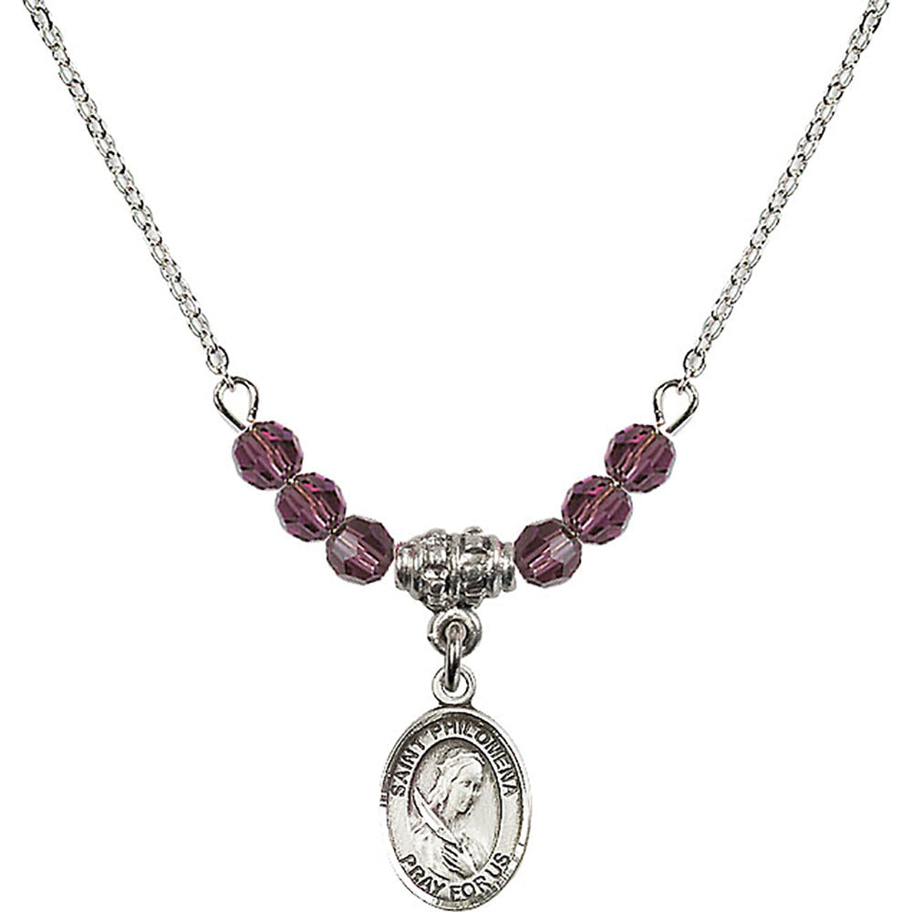 Sterling Silver Saint Philomena Birthstone Necklace with Amethyst Beads - 9077