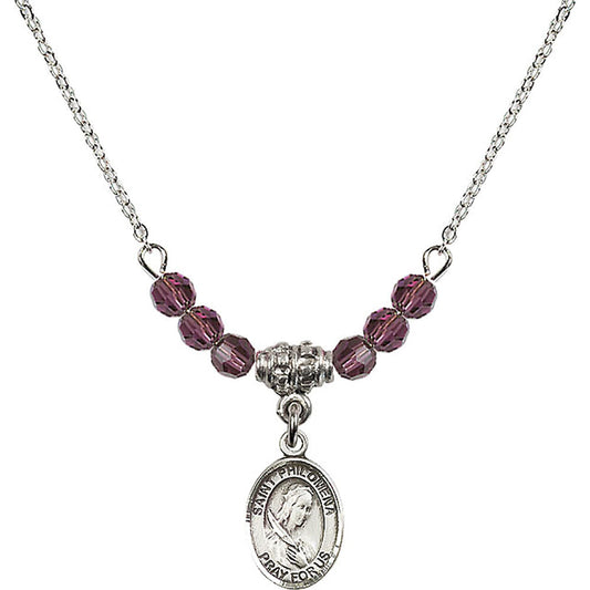 Sterling Silver Saint Philomena Birthstone Necklace with Amethyst Beads - 9077