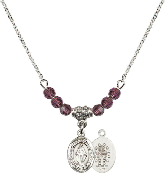 Sterling Silver Miraculous Birthstone Necklace with Amethyst Beads - 9078