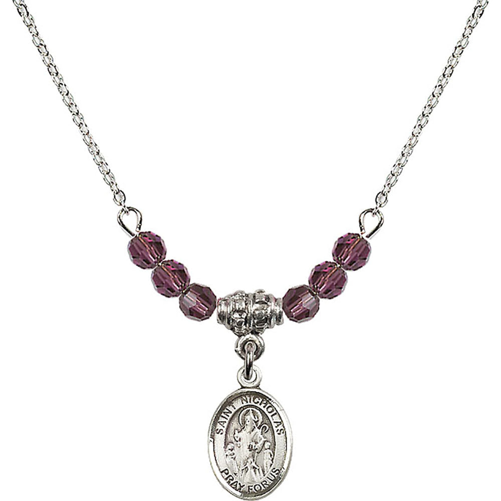 Sterling Silver Saint Nicholas Birthstone Necklace with Amethyst Beads - 9080