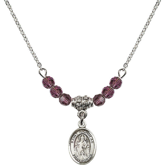 Sterling Silver Saint Nicholas Birthstone Necklace with Amethyst Beads - 9080
