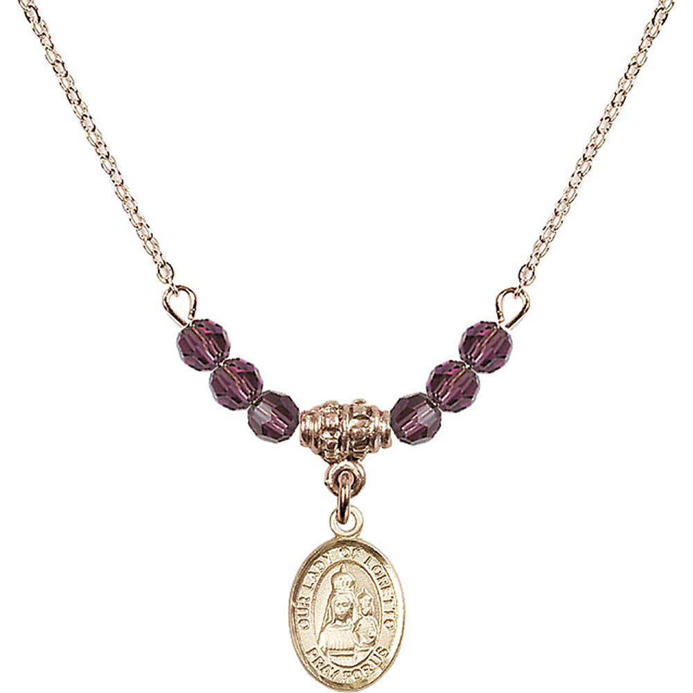14kt Gold Filled Our Lady of Loretto Birthstone Necklace with Amethyst Beads - 9082