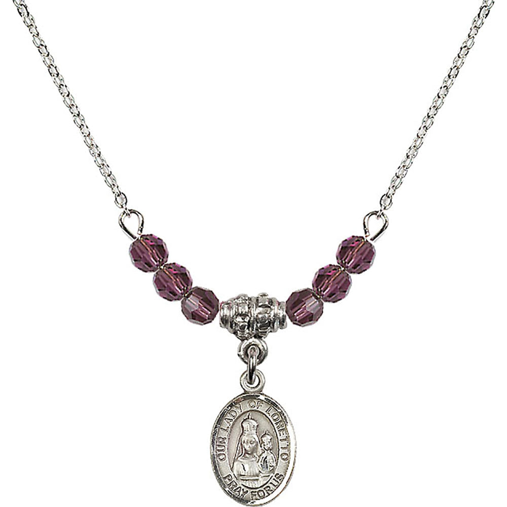 Sterling Silver Our Lady of Loretto Birthstone Necklace with Amethyst Beads - 9082