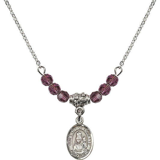 Sterling Silver Our Lady of Loretto Birthstone Necklace with Amethyst Beads - 9082