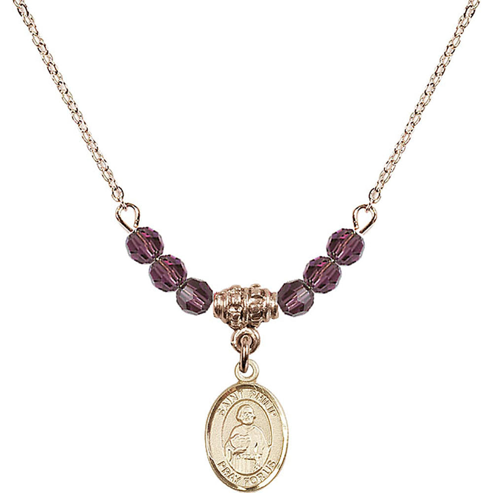 14kt Gold Filled Saint Philip the Apostle Birthstone Necklace with Amethyst Beads - 9083