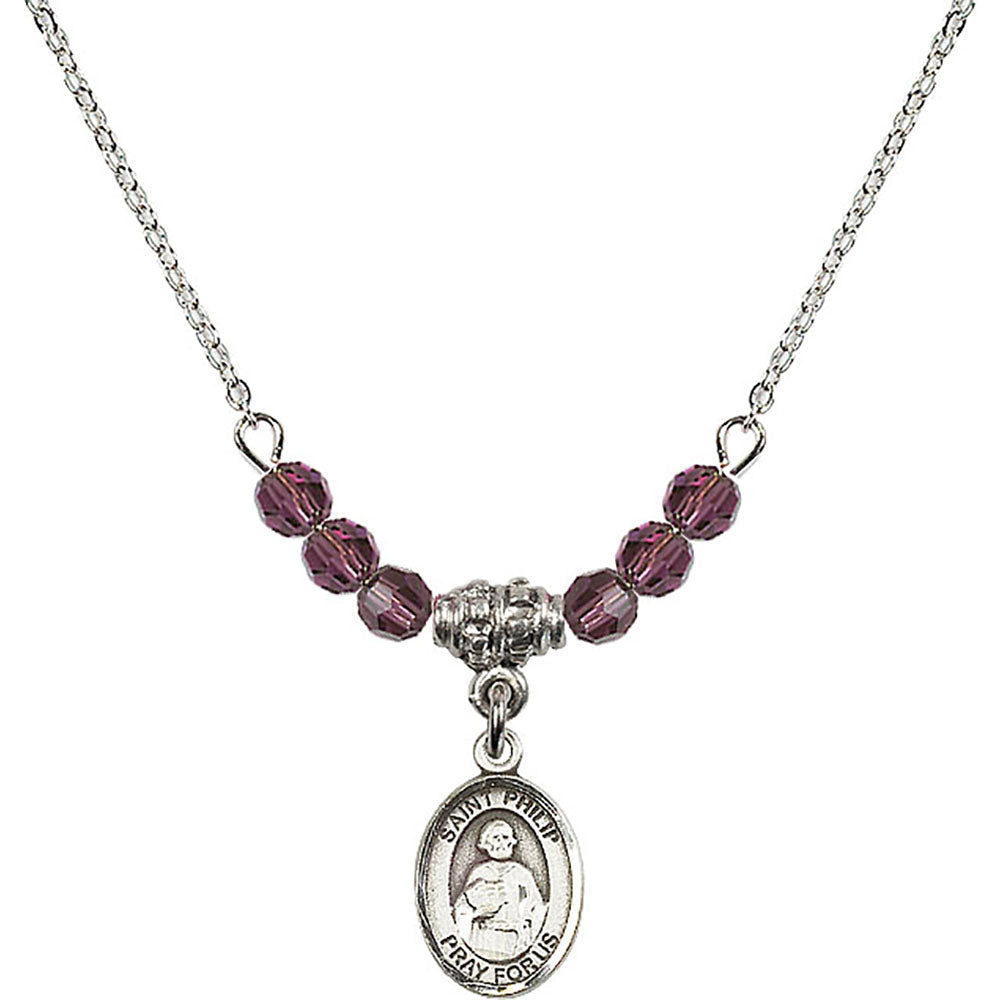 Sterling Silver Saint Philip the Apostle Birthstone Necklace with Amethyst Beads - 9083