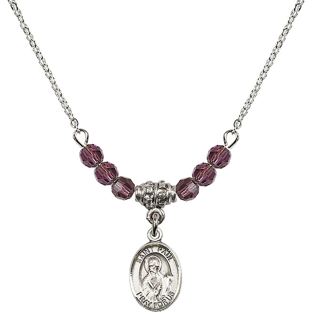 Sterling Silver Saint Paul the Apostle Birthstone Necklace with Amethyst Beads - 9086