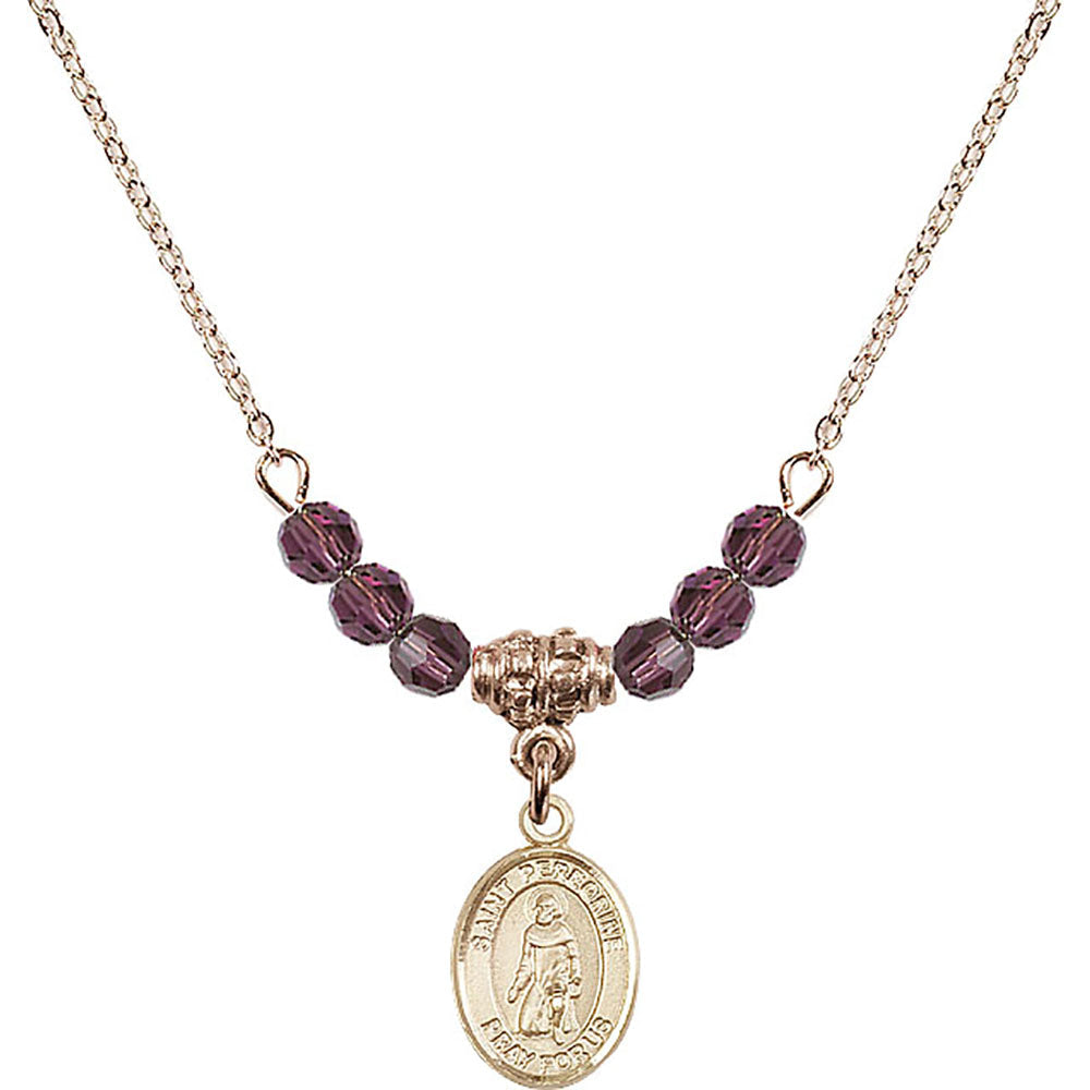 14kt Gold Filled Saint Peregrine Laziosi Birthstone Necklace with Amethyst Beads - 9088