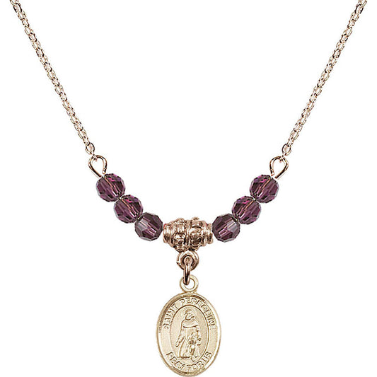 14kt Gold Filled Saint Peregrine Laziosi Birthstone Necklace with Amethyst Beads - 9088
