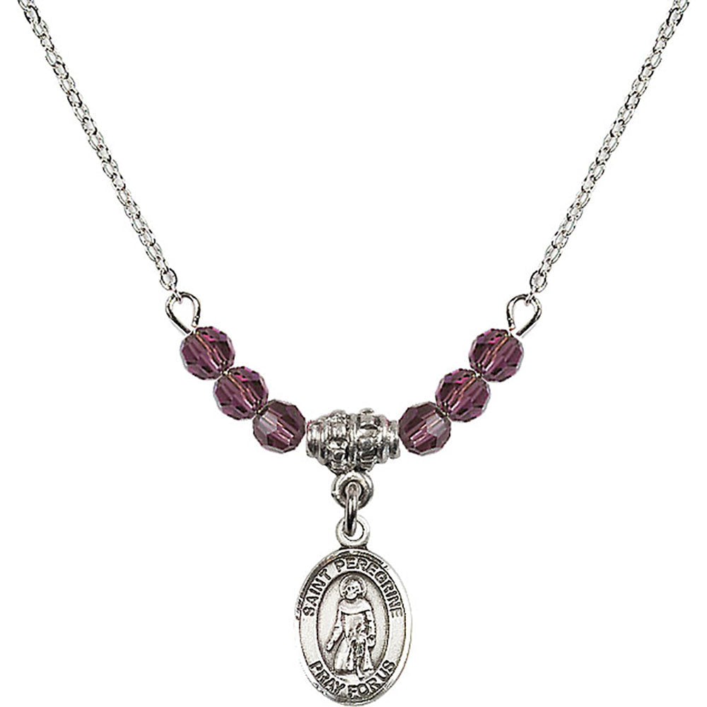 Sterling Silver Saint Peregrine Laziosi Birthstone Necklace with Amethyst Beads - 9088