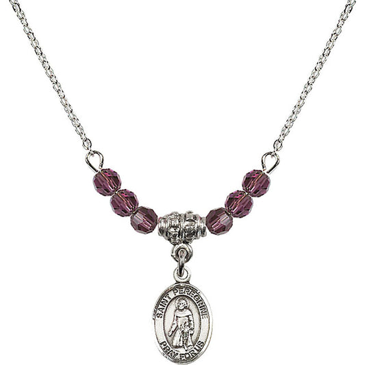 Sterling Silver Saint Peregrine Laziosi Birthstone Necklace with Amethyst Beads - 9088